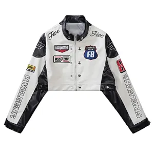 Aelfric Eden Leather Jacket Varsity Jacket for Women Color Block Bomber Vintage Crop Racing Jackets