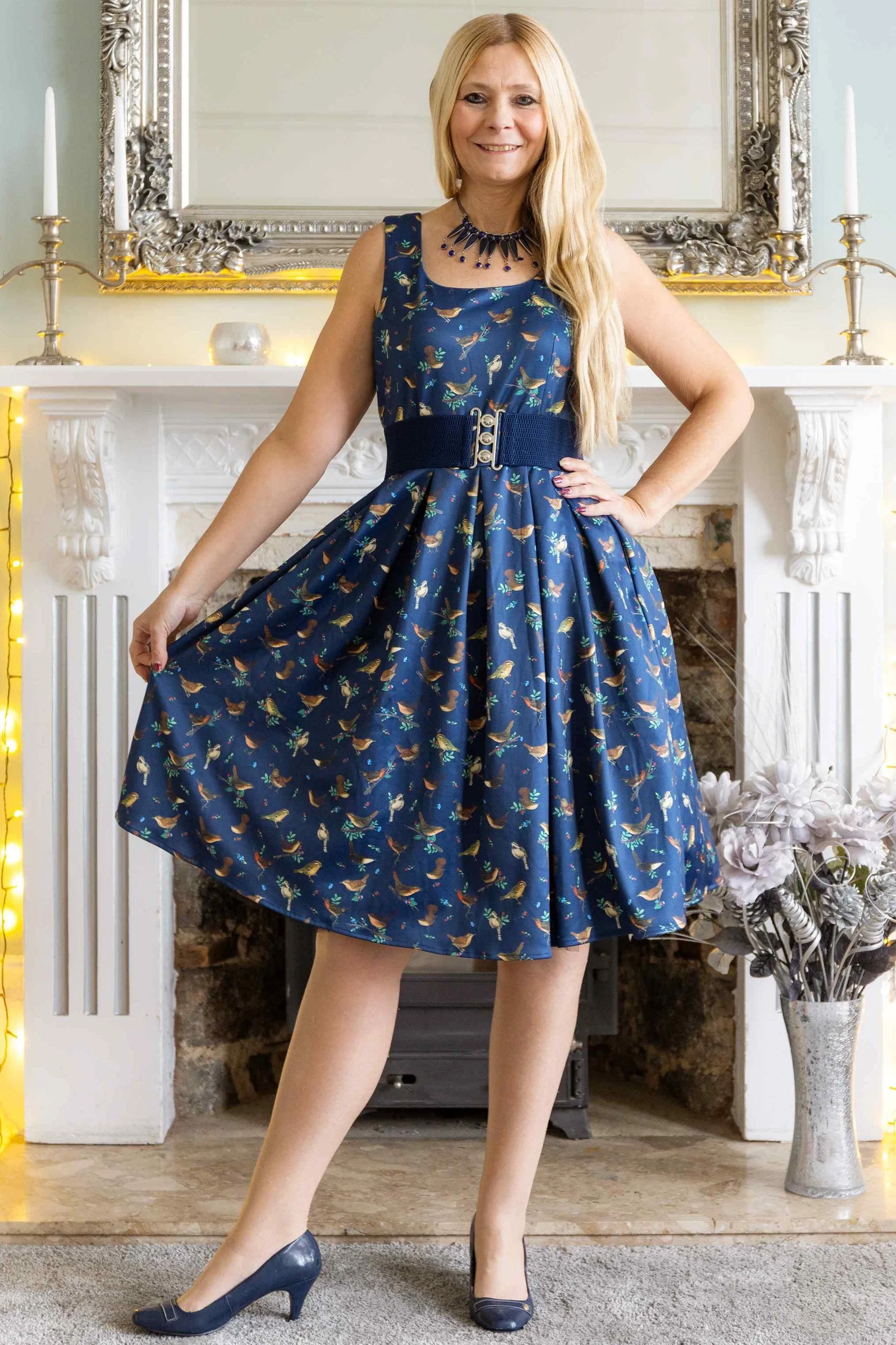 Amanda Blue Bird Print Swing Dress