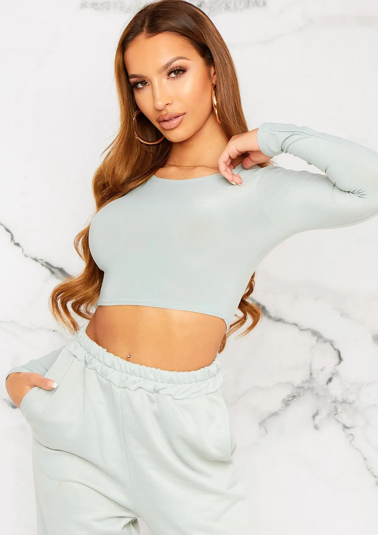 Amida Olive Long Sleeve Crew Neck Smooth Crop Top