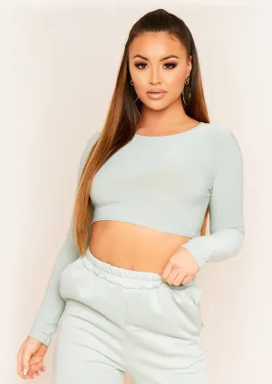 Amida Olive Long Sleeve Crew Neck Smooth Crop Top