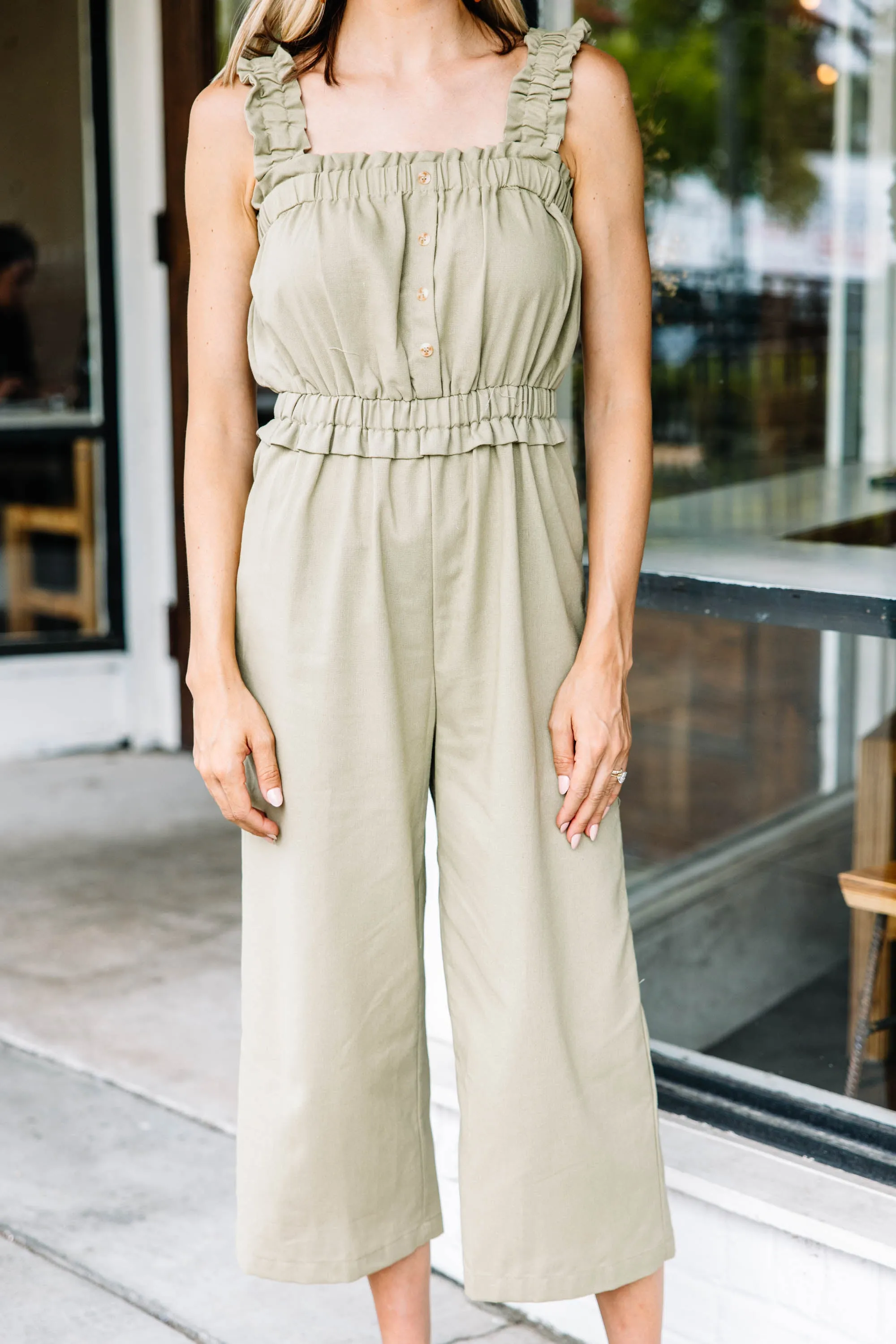Can't Stop Now Light Olive Green Ruffled Jumpsuit