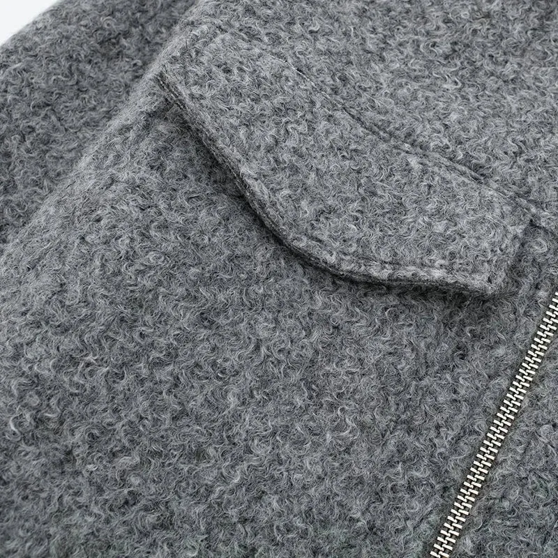 Chic Women's Woolen Zip Cropped Jacket for Autumn & Winter - Stylish Tweed Coat with Turn-Down Collar & Full Sleeves