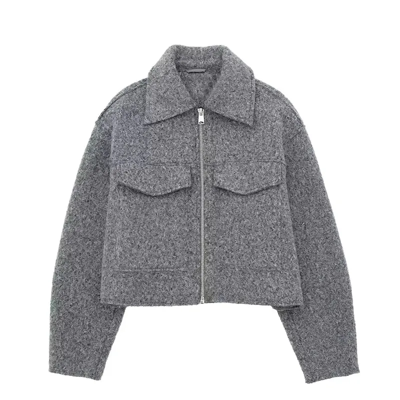 Chic Women's Woolen Zip Cropped Jacket for Autumn & Winter - Stylish Tweed Coat with Turn-Down Collar & Full Sleeves