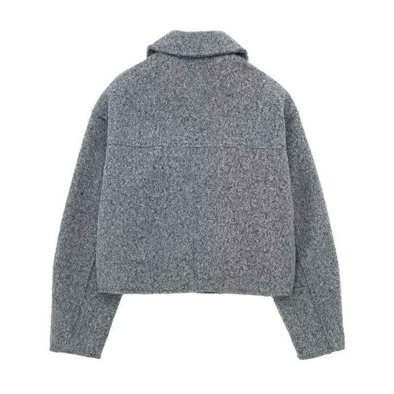 Chic Women's Woolen Zip Cropped Jacket for Autumn & Winter - Stylish Tweed Coat with Turn-Down Collar & Full Sleeves