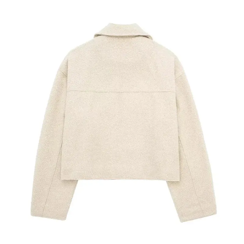 Chic Women's Woolen Zip Cropped Jacket for Autumn & Winter - Stylish Tweed Coat with Turn-Down Collar & Full Sleeves