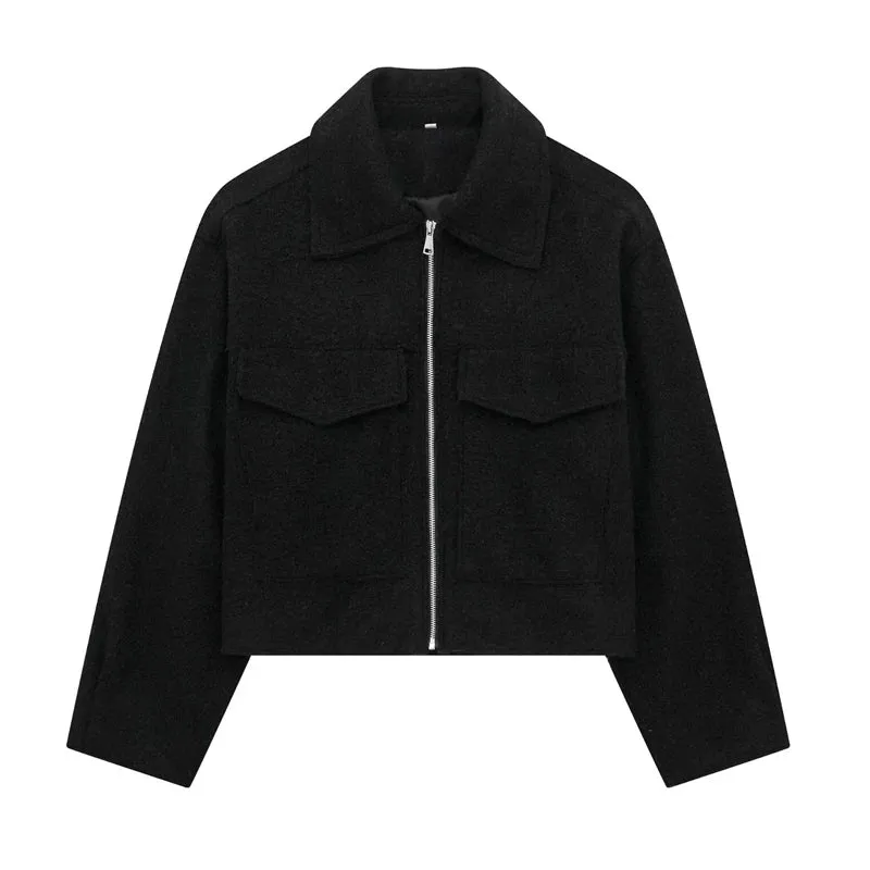 Chic Women's Woolen Zip Cropped Jacket for Autumn & Winter - Stylish Tweed Coat with Turn-Down Collar & Full Sleeves
