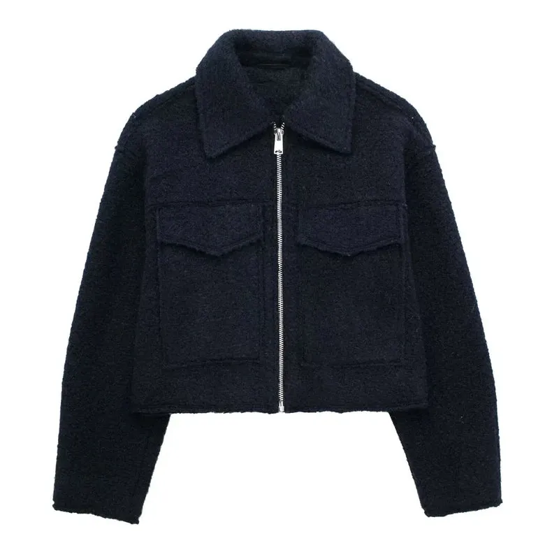 Chic Women's Woolen Zip Cropped Jacket for Autumn & Winter - Stylish Tweed Coat with Turn-Down Collar & Full Sleeves