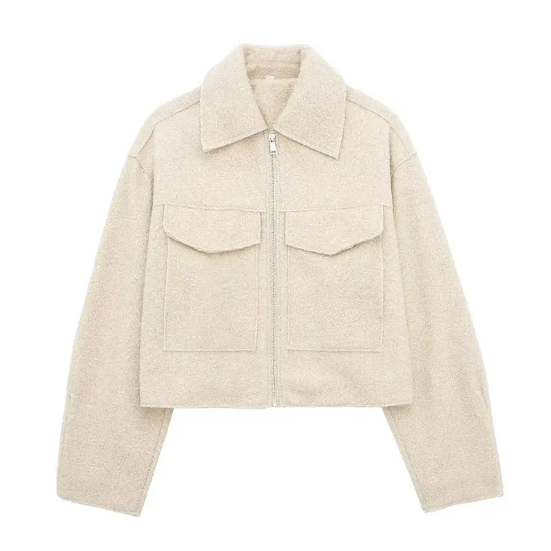 Chic Women's Woolen Zip Cropped Jacket for Autumn & Winter - Stylish Tweed Coat with Turn-Down Collar & Full Sleeves