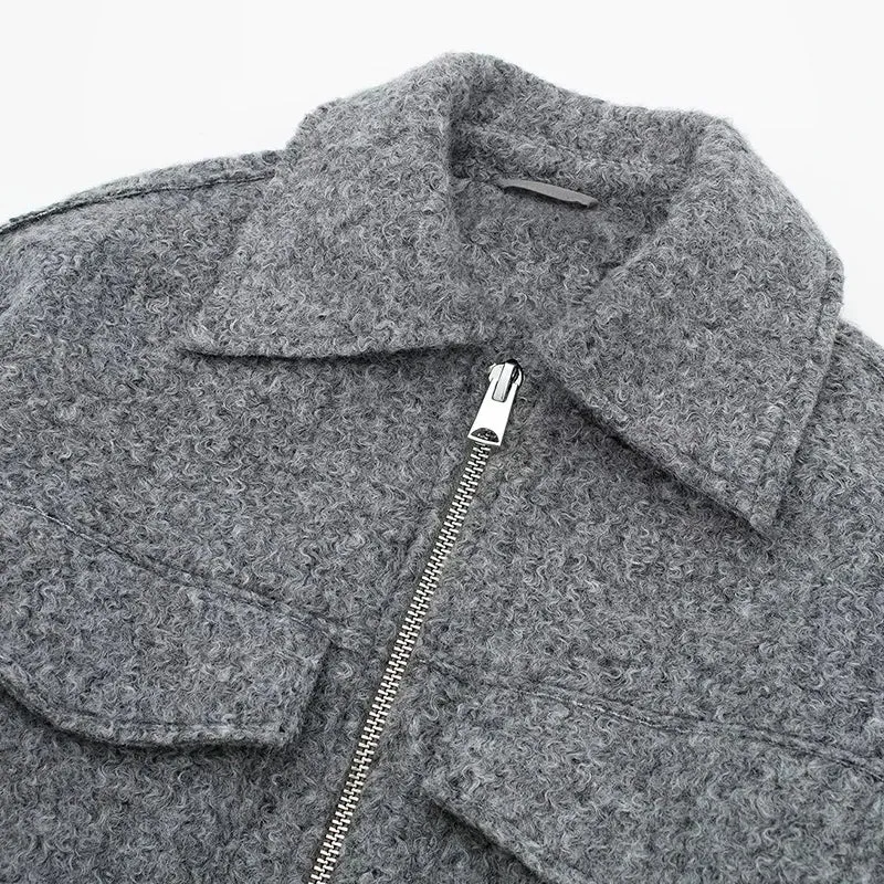 Chic Women's Woolen Zip Cropped Jacket for Autumn & Winter - Stylish Tweed Coat with Turn-Down Collar & Full Sleeves