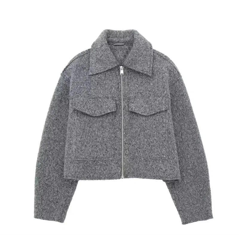 Chic Women's Woolen Zip Cropped Jacket for Autumn & Winter - Stylish Tweed Coat with Turn-Down Collar & Full Sleeves