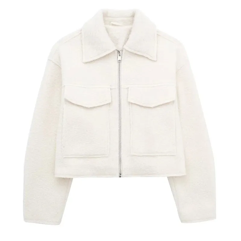Chic Women's Woolen Zip Cropped Jacket for Autumn & Winter - Stylish Tweed Coat with Turn-Down Collar & Full Sleeves