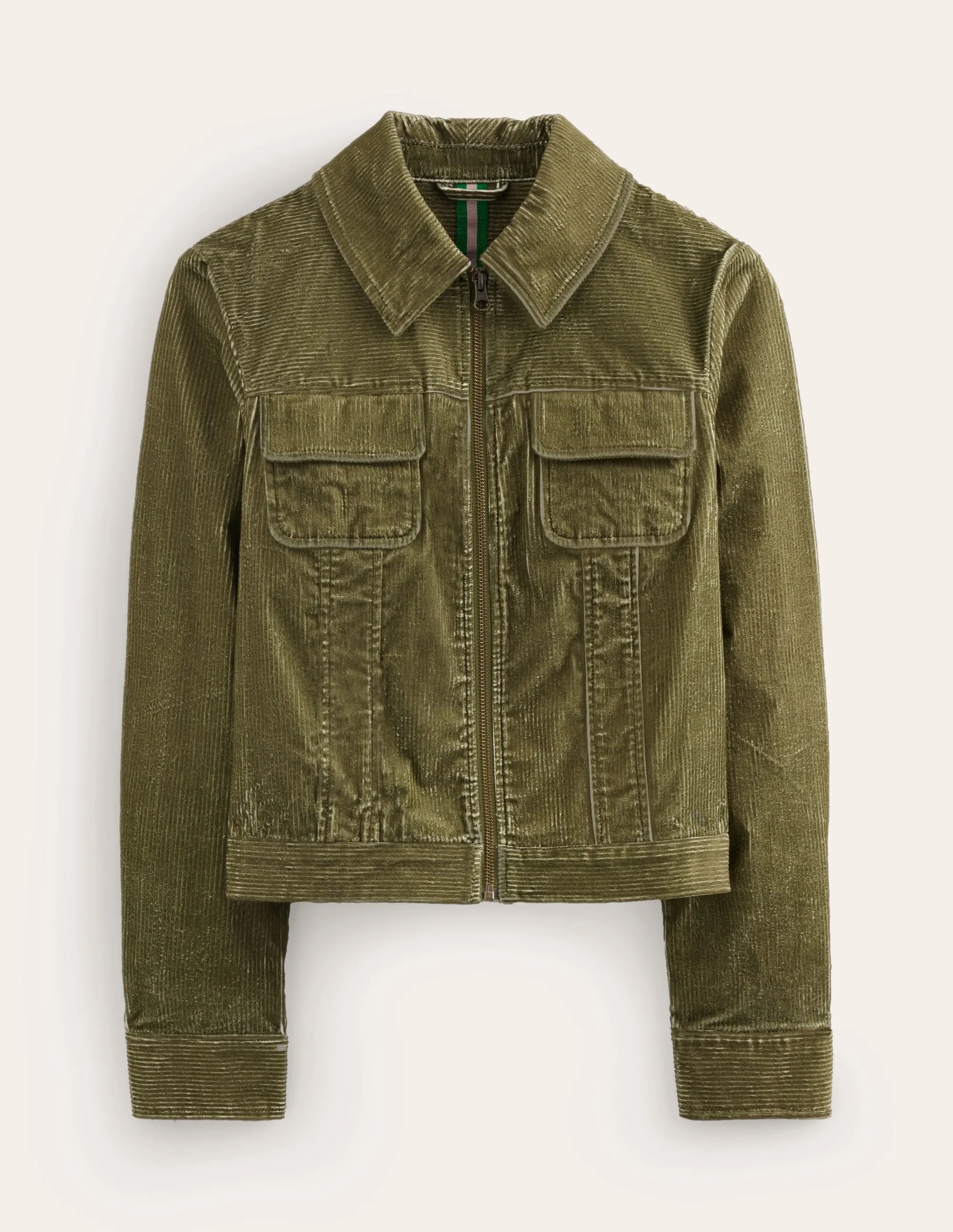 Cord Zip Through Jacket-Winter Moss