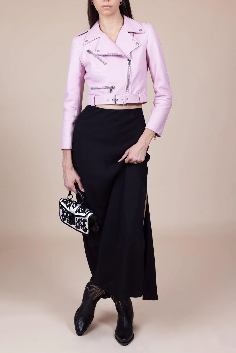 Cropped Biker Jacket - Rose Pink