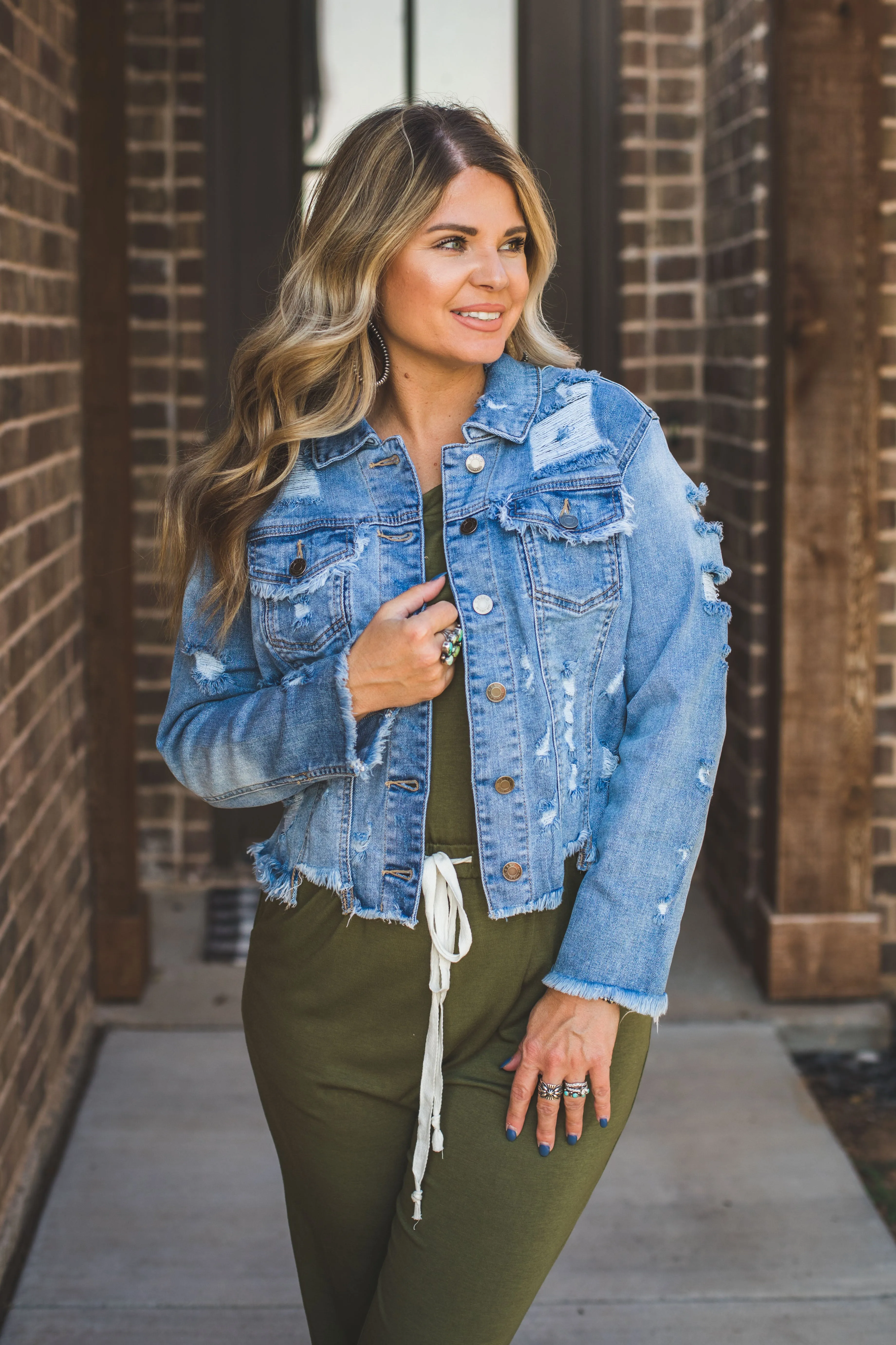 Cropped Distressed Denim Jacket {Light Wash}