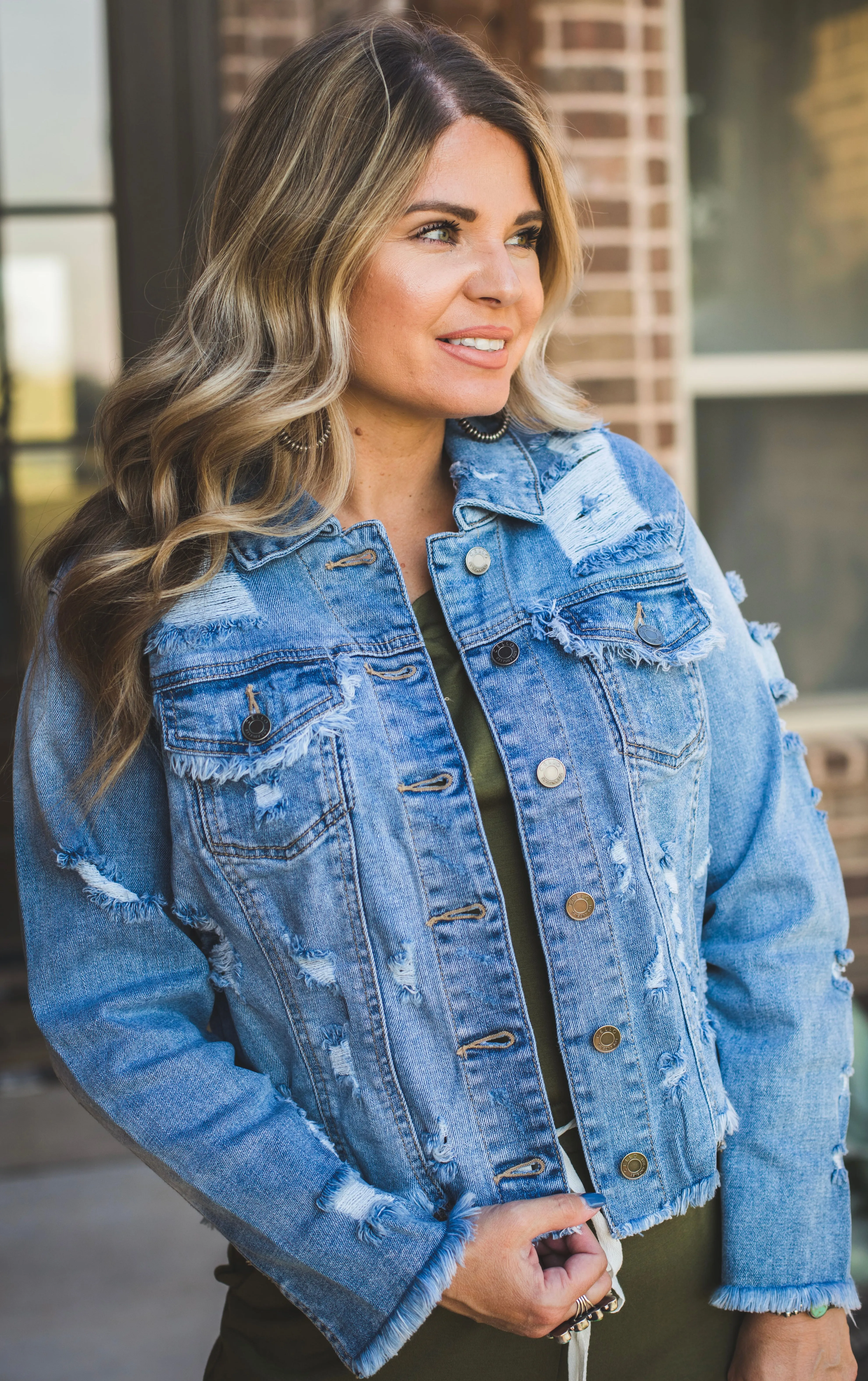 Cropped Distressed Denim Jacket {Light Wash}