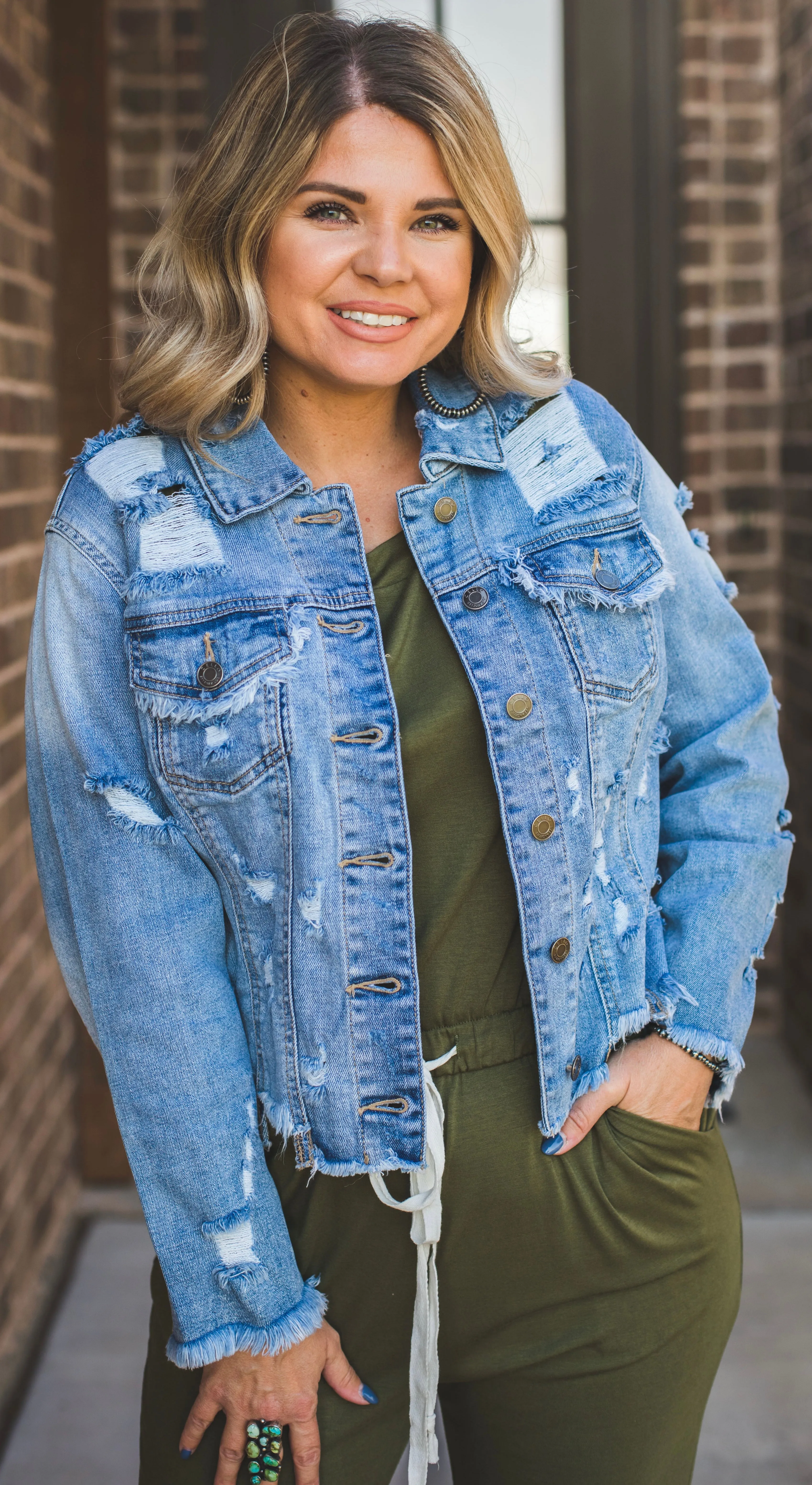 Cropped Distressed Denim Jacket {Light Wash}