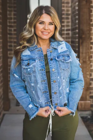 Cropped Distressed Denim Jacket {Light Wash}