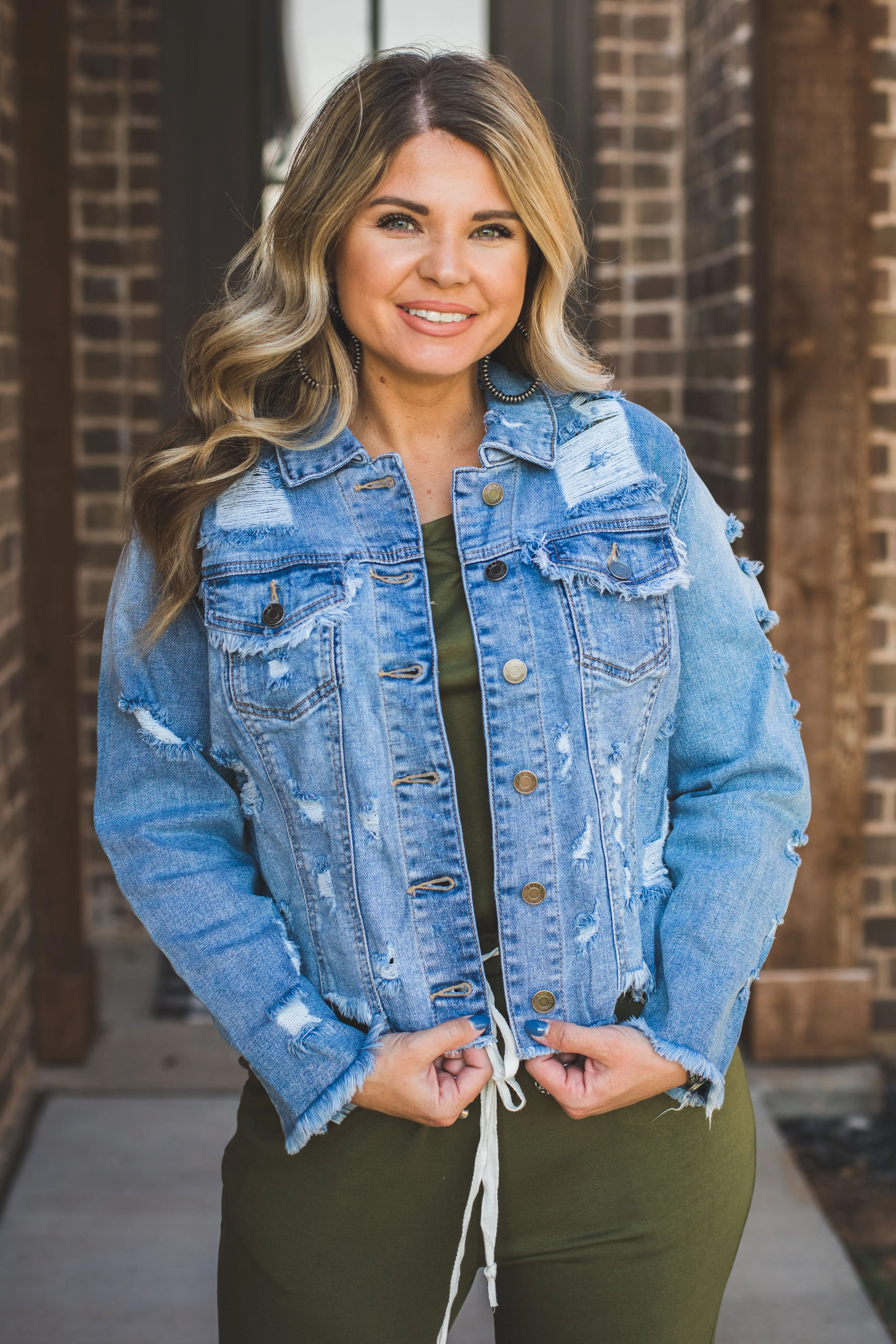 Cropped Distressed Denim Jacket {Light Wash}