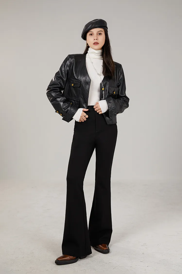Luxe Collarless Cropped Black Leather Jacket