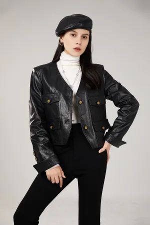 Luxe Collarless Cropped Black Leather Jacket