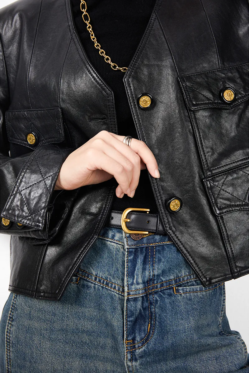 Luxe Collarless Cropped Black Leather Jacket
