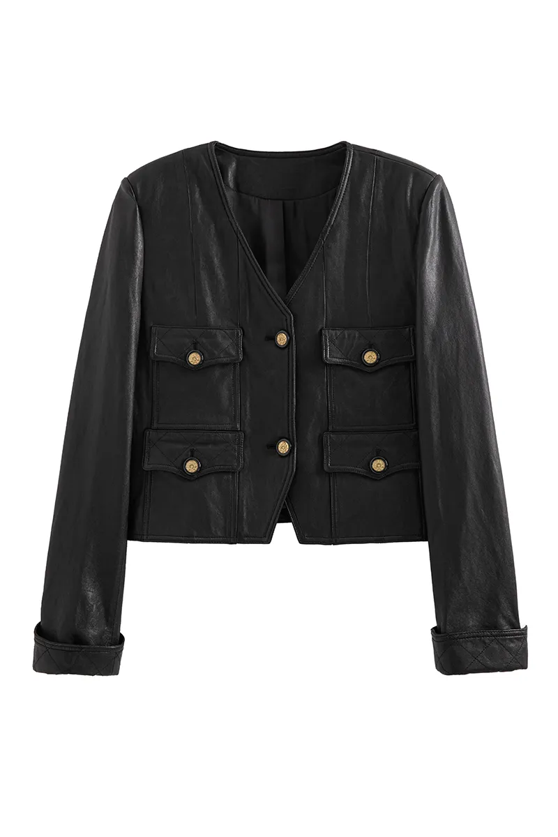Luxe Collarless Cropped Black Leather Jacket