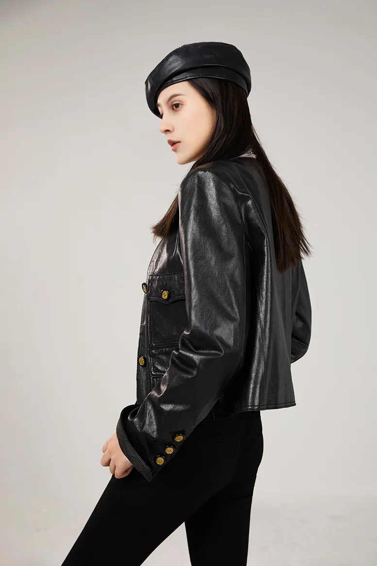 Luxe Collarless Cropped Black Leather Jacket