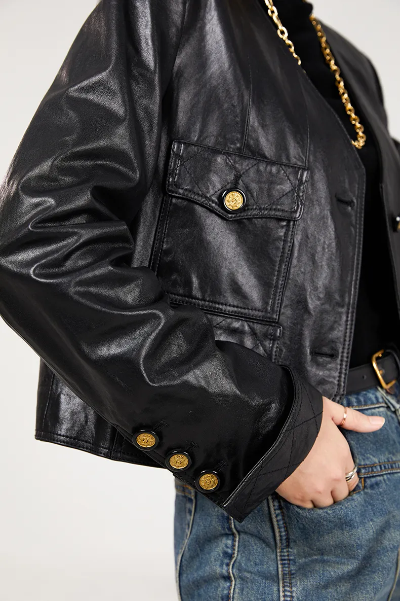 Luxe Collarless Cropped Black Leather Jacket