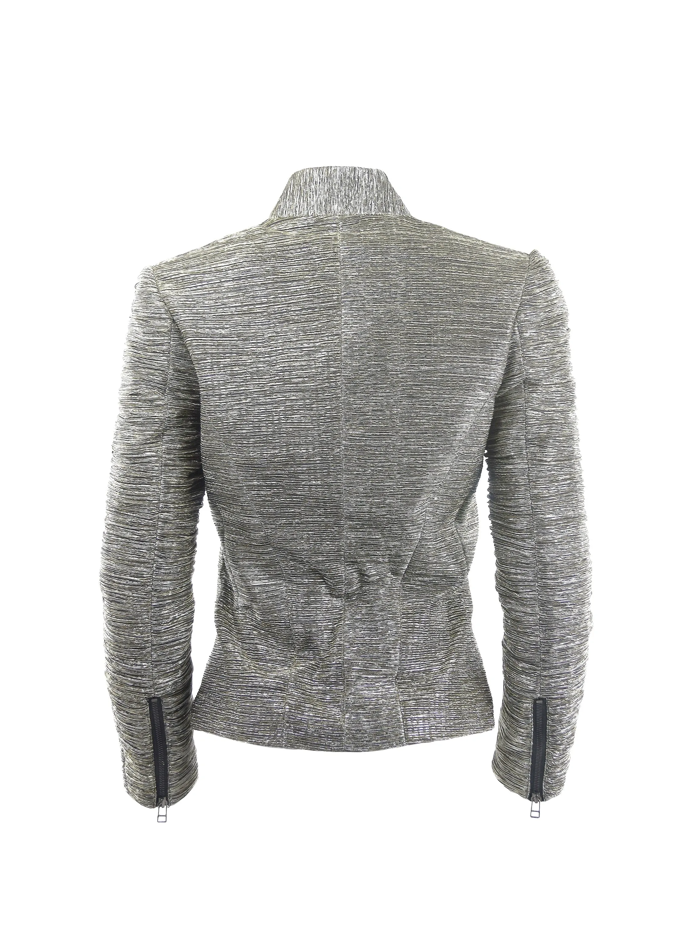 Metallic Crinkle Zip-Up Angled Short Jacket