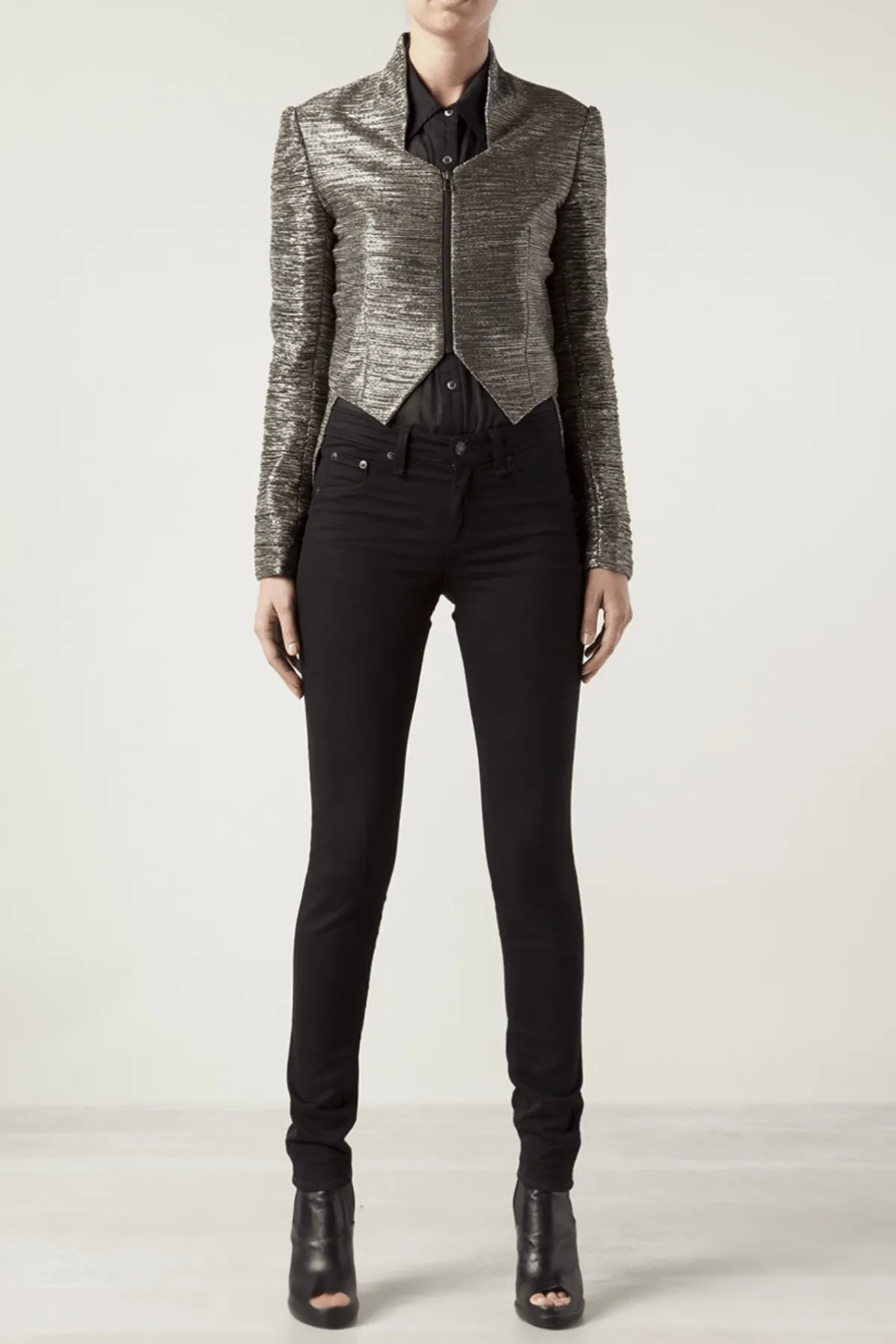 Metallic Crinkle Zip-Up Angled Short Jacket