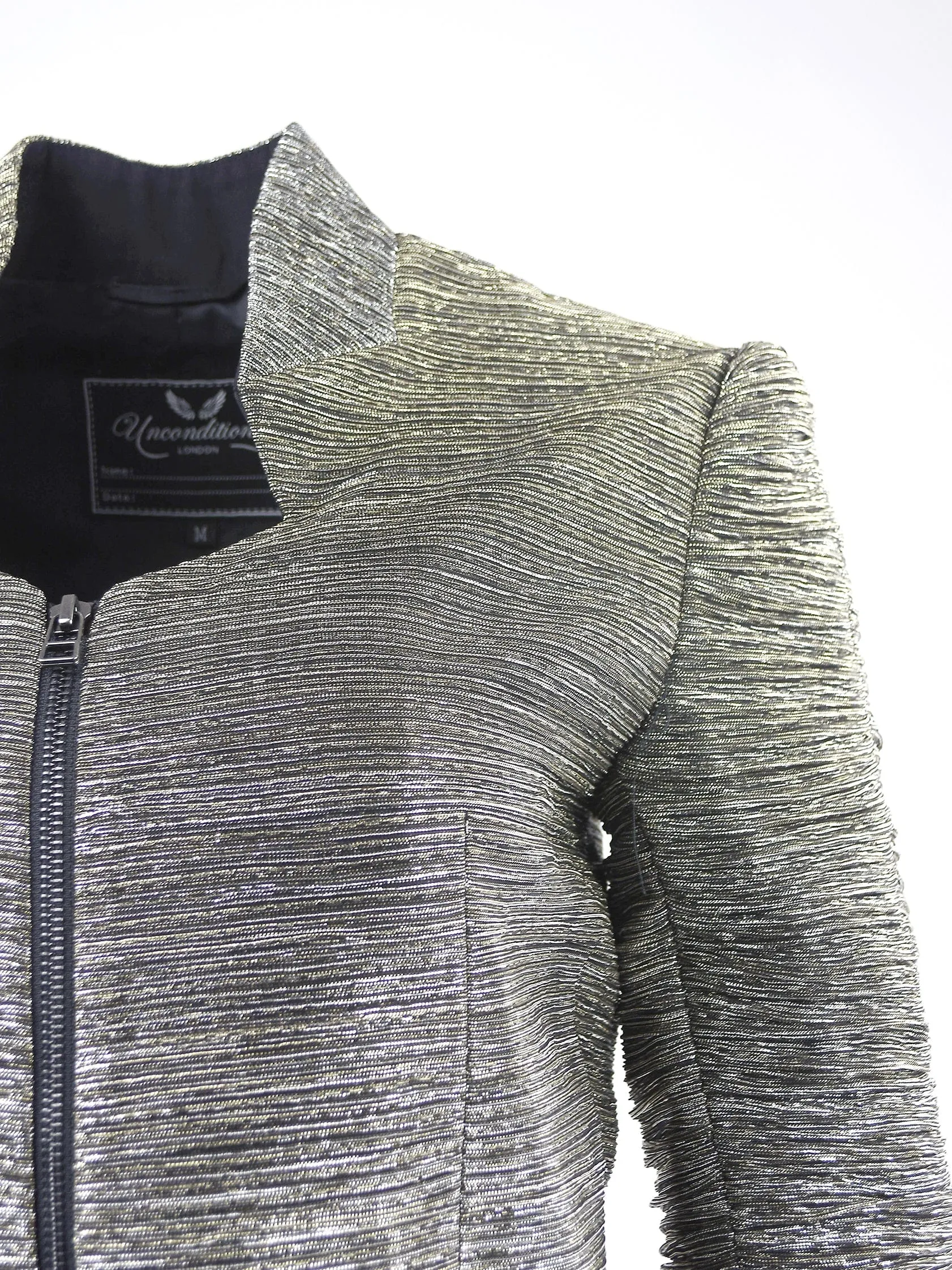 Metallic Crinkle Zip-Up Angled Short Jacket