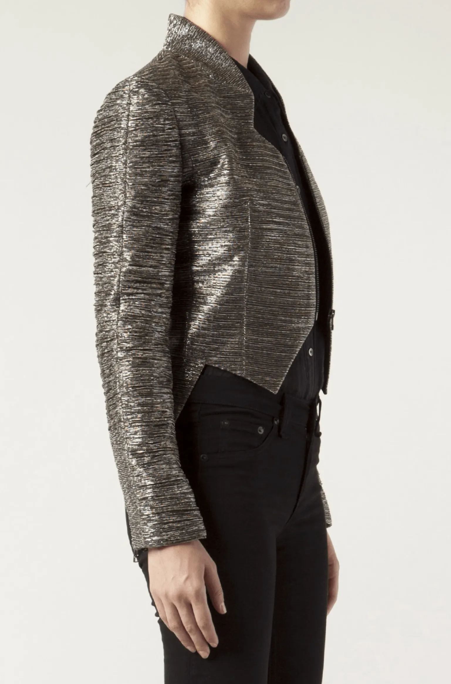 Metallic Crinkle Zip-Up Angled Short Jacket