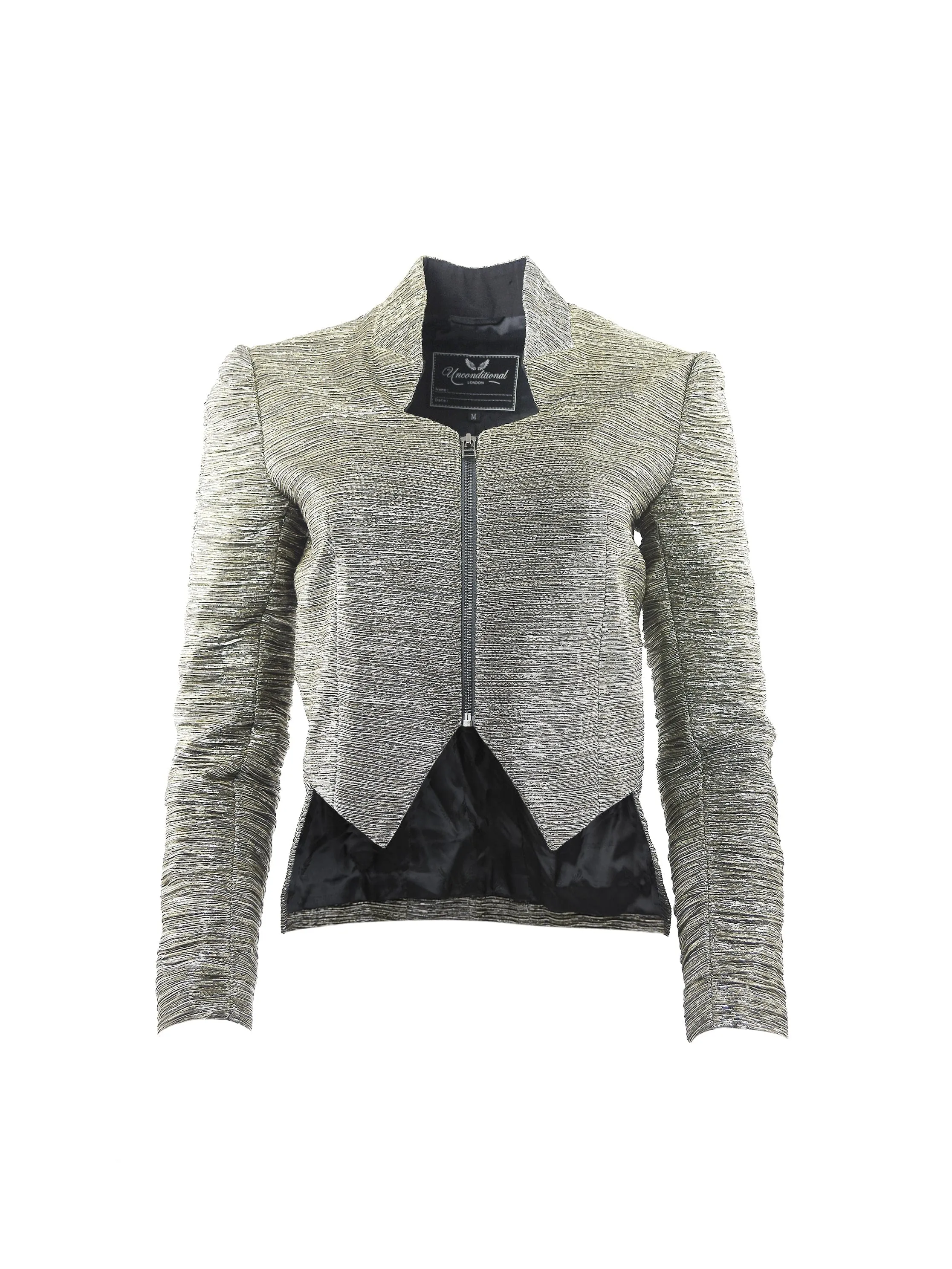 Metallic Crinkle Zip-Up Angled Short Jacket