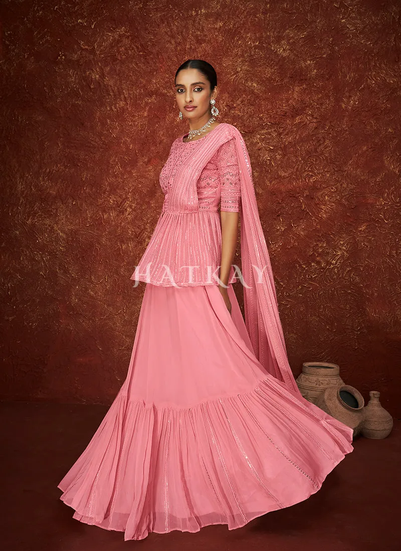 Pink Sequence Embroidered Jacket Style Lehenga Suit