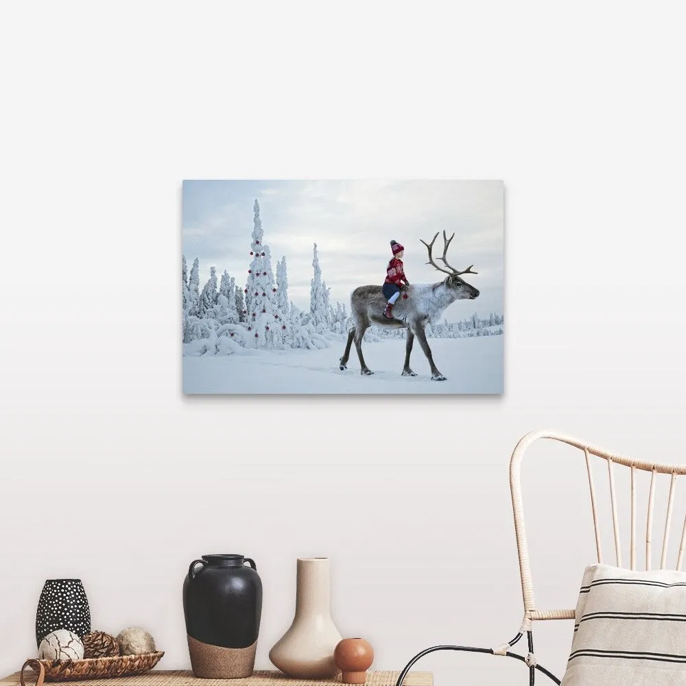 "A girl riding a reindeer through a winter forest" Canvas Wall Art