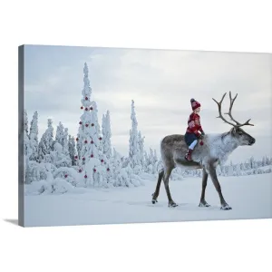 "A girl riding a reindeer through a winter forest" Canvas Wall Art