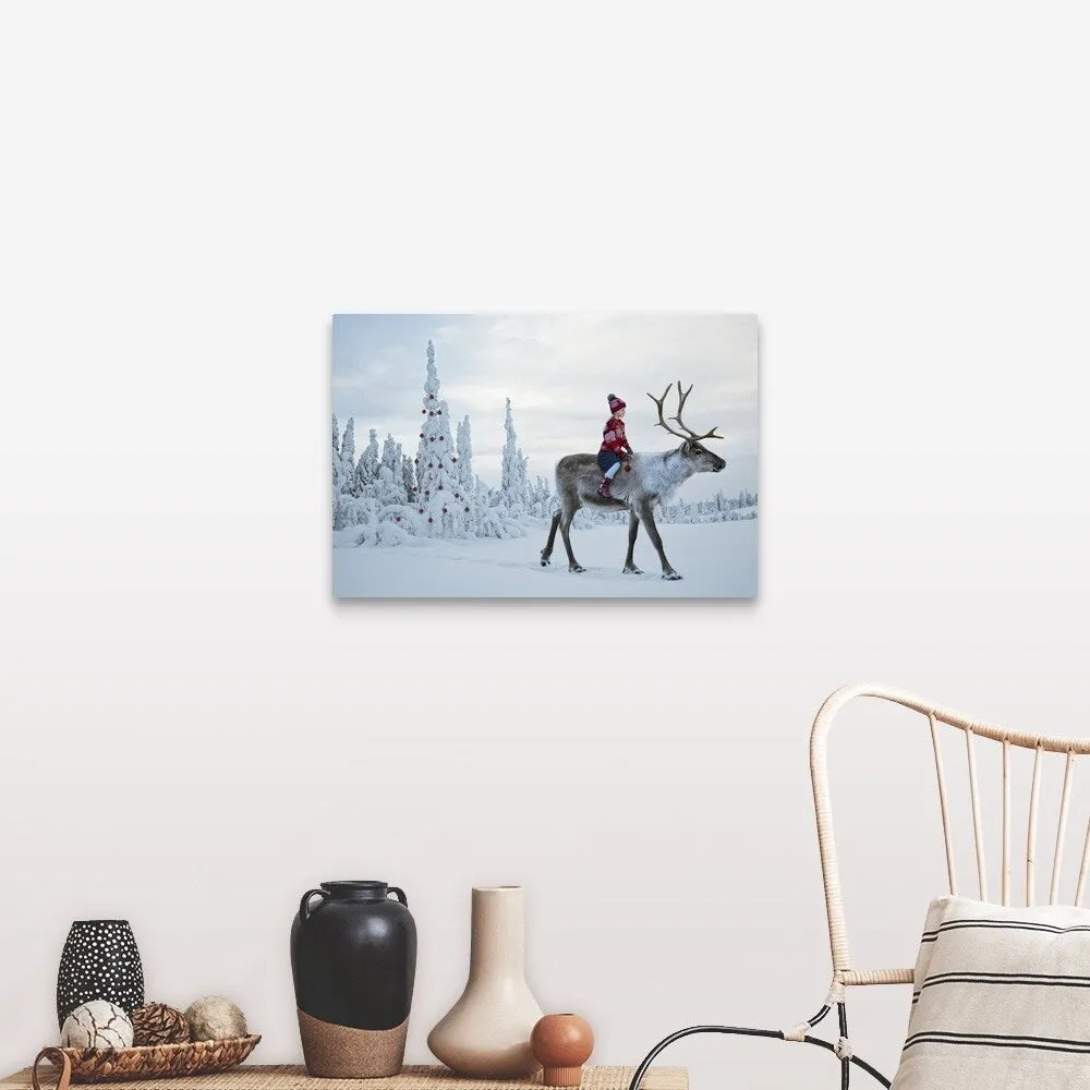 "A girl riding a reindeer through a winter forest" Canvas Wall Art