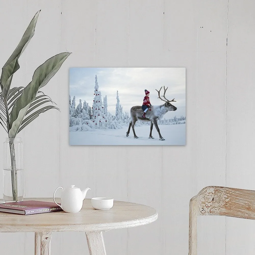 "A girl riding a reindeer through a winter forest" Canvas Wall Art