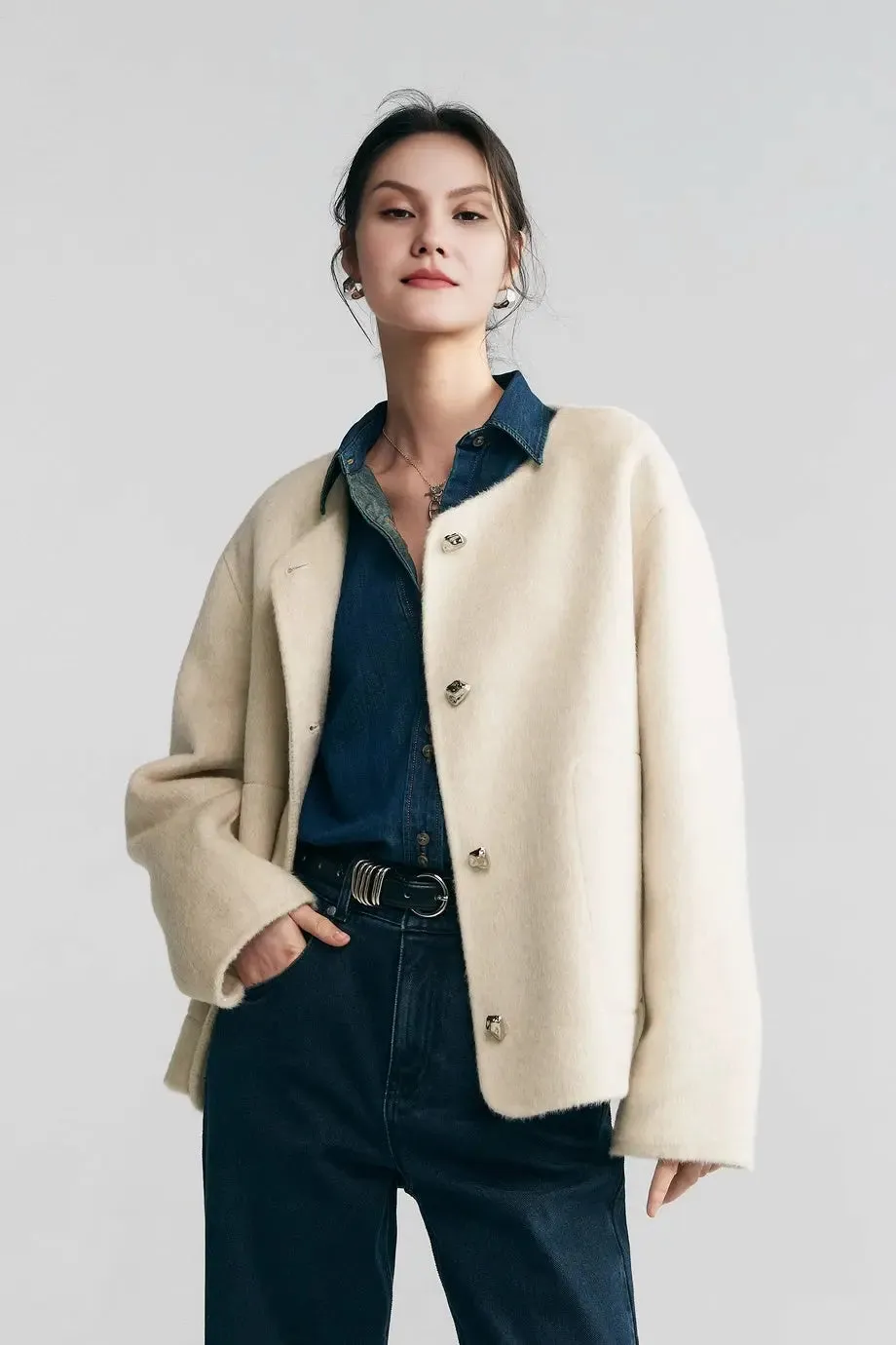 Silk Wool Blend Crewneck Cropped Jacket