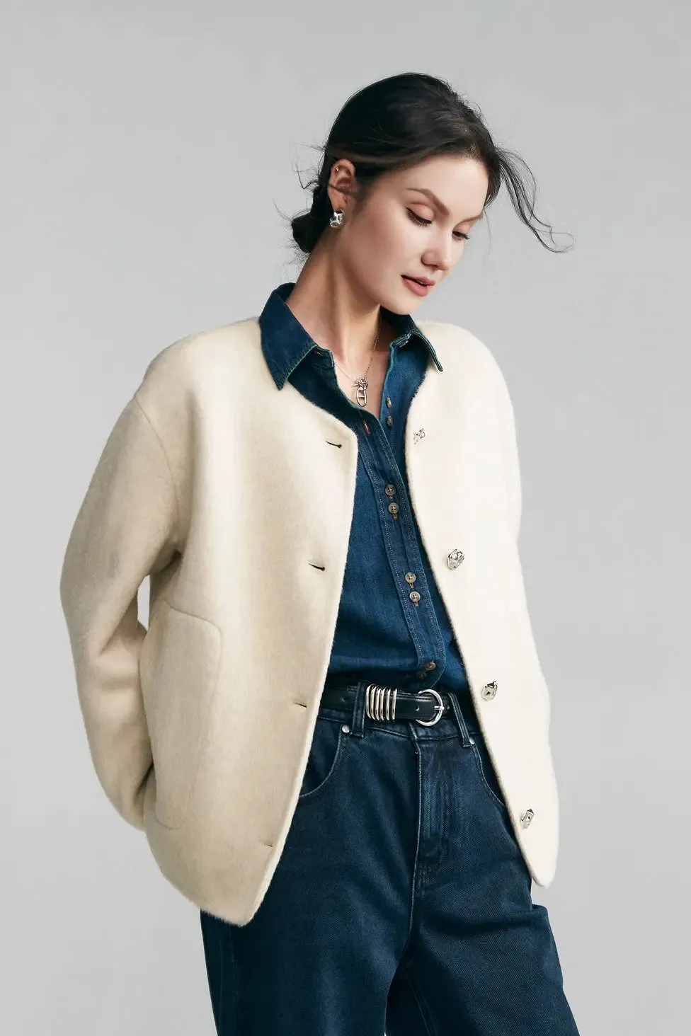 Silk Wool Blend Crewneck Cropped Jacket