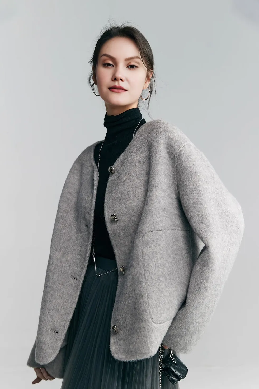 Silk Wool Blend Crewneck Cropped Jacket