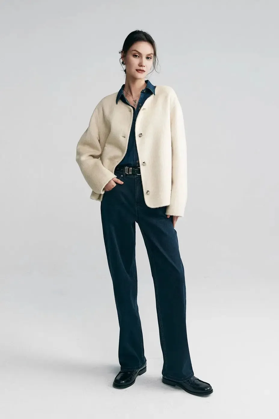 Silk Wool Blend Crewneck Cropped Jacket
