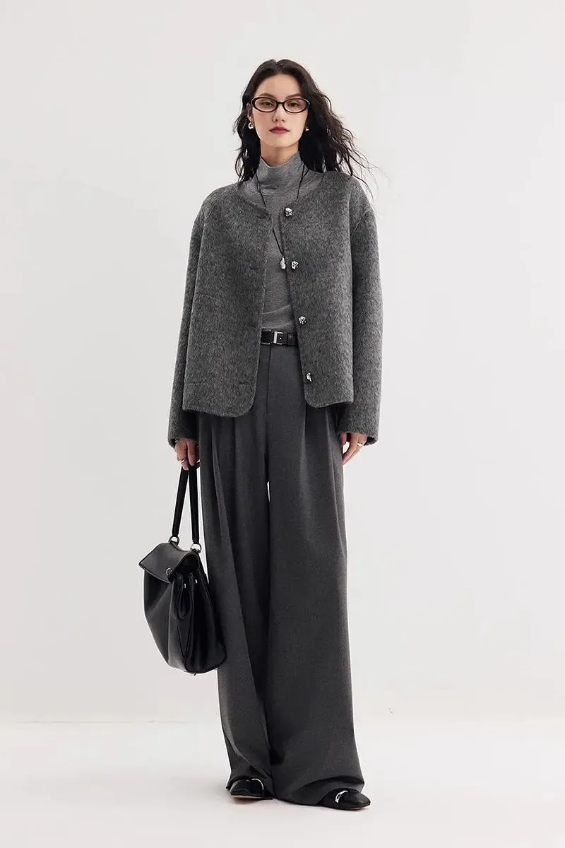 Silk Wool Blend Crewneck Cropped Jacket