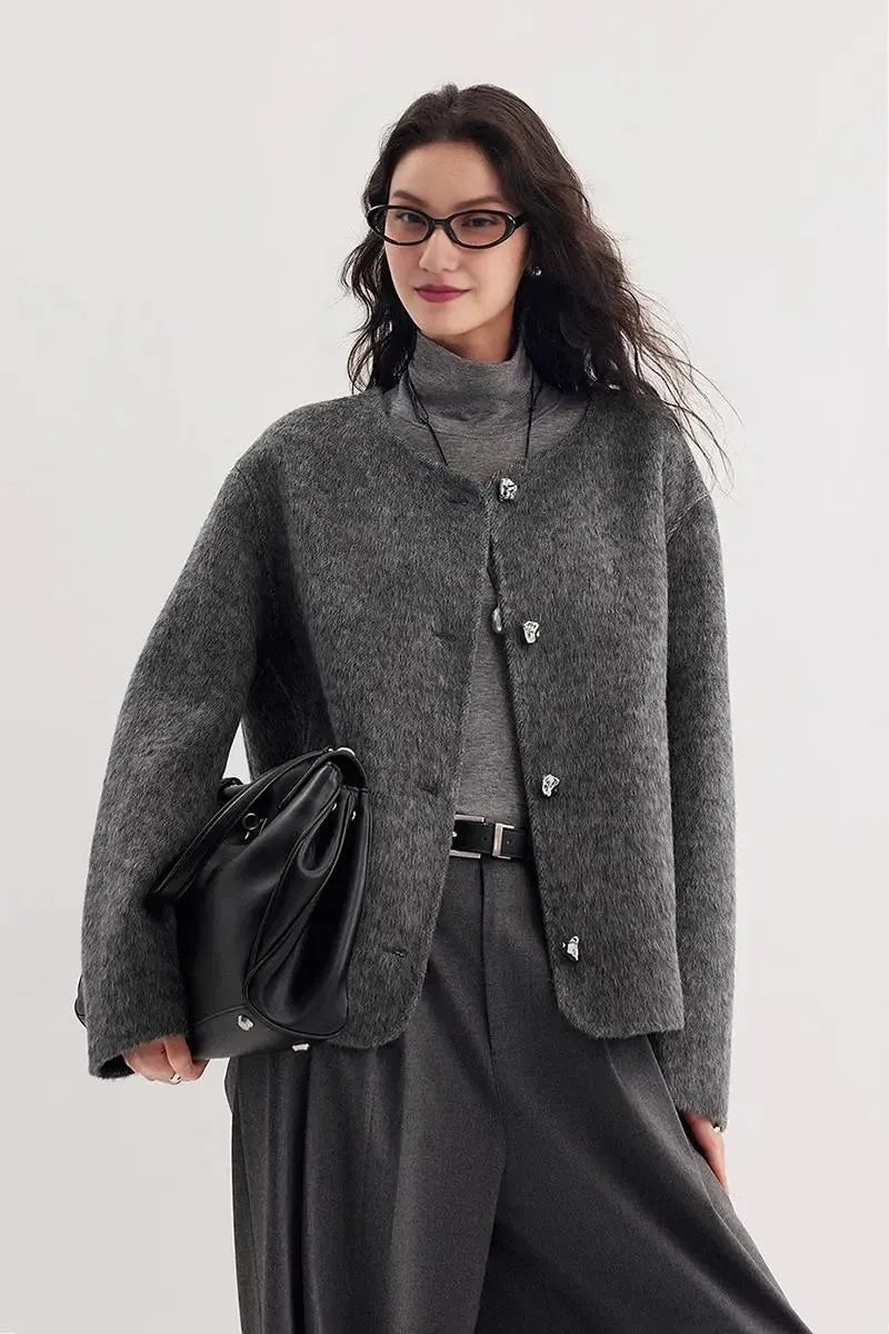 Silk Wool Blend Crewneck Cropped Jacket