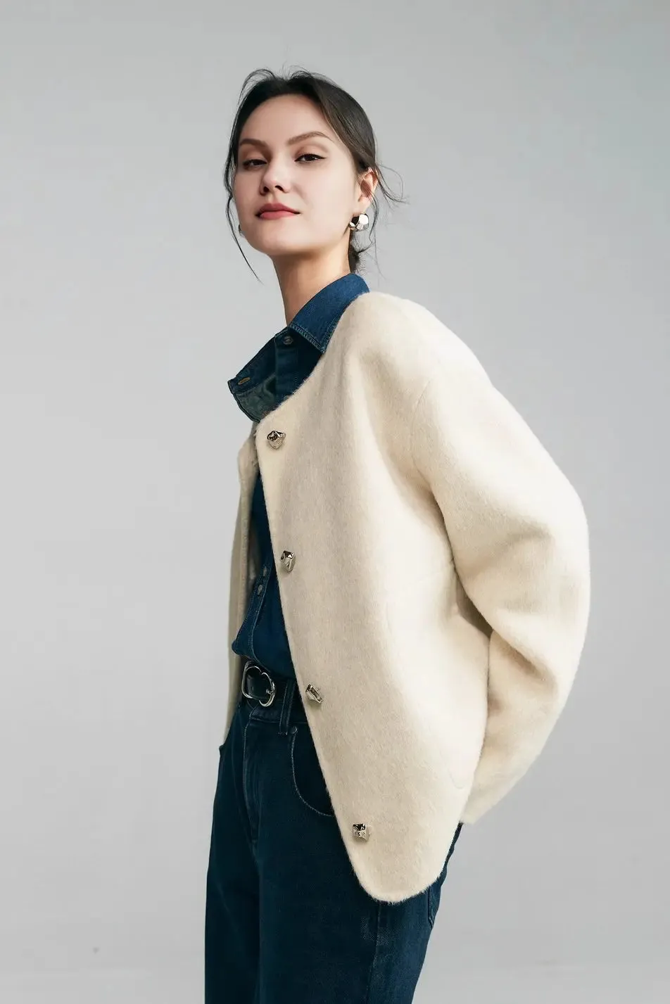 Silk Wool Blend Crewneck Cropped Jacket