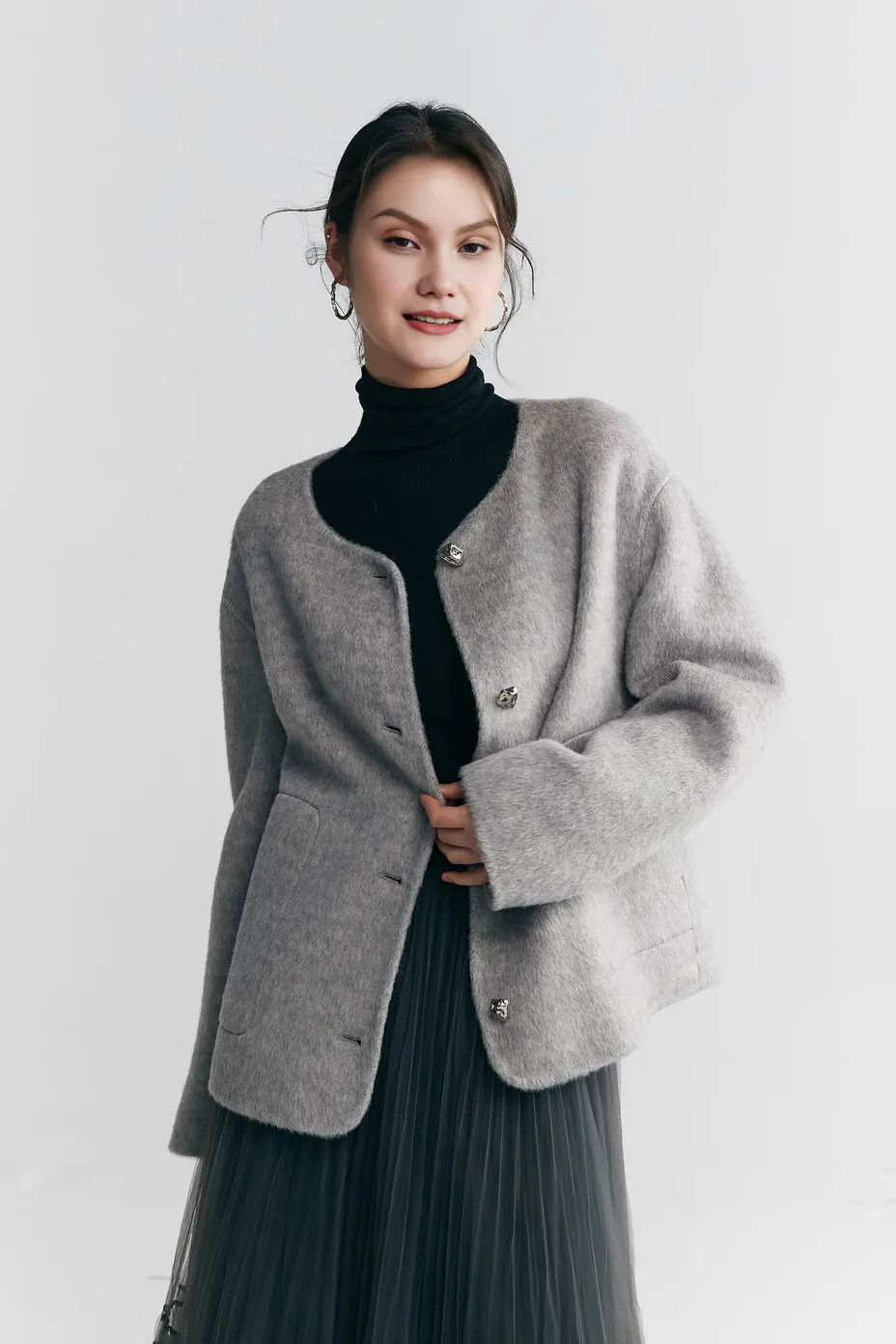 Silk Wool Blend Crewneck Cropped Jacket