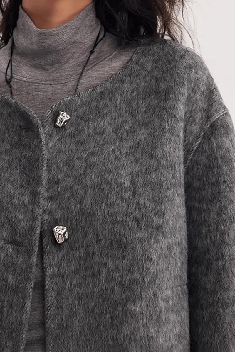 Silk Wool Blend Crewneck Cropped Jacket
