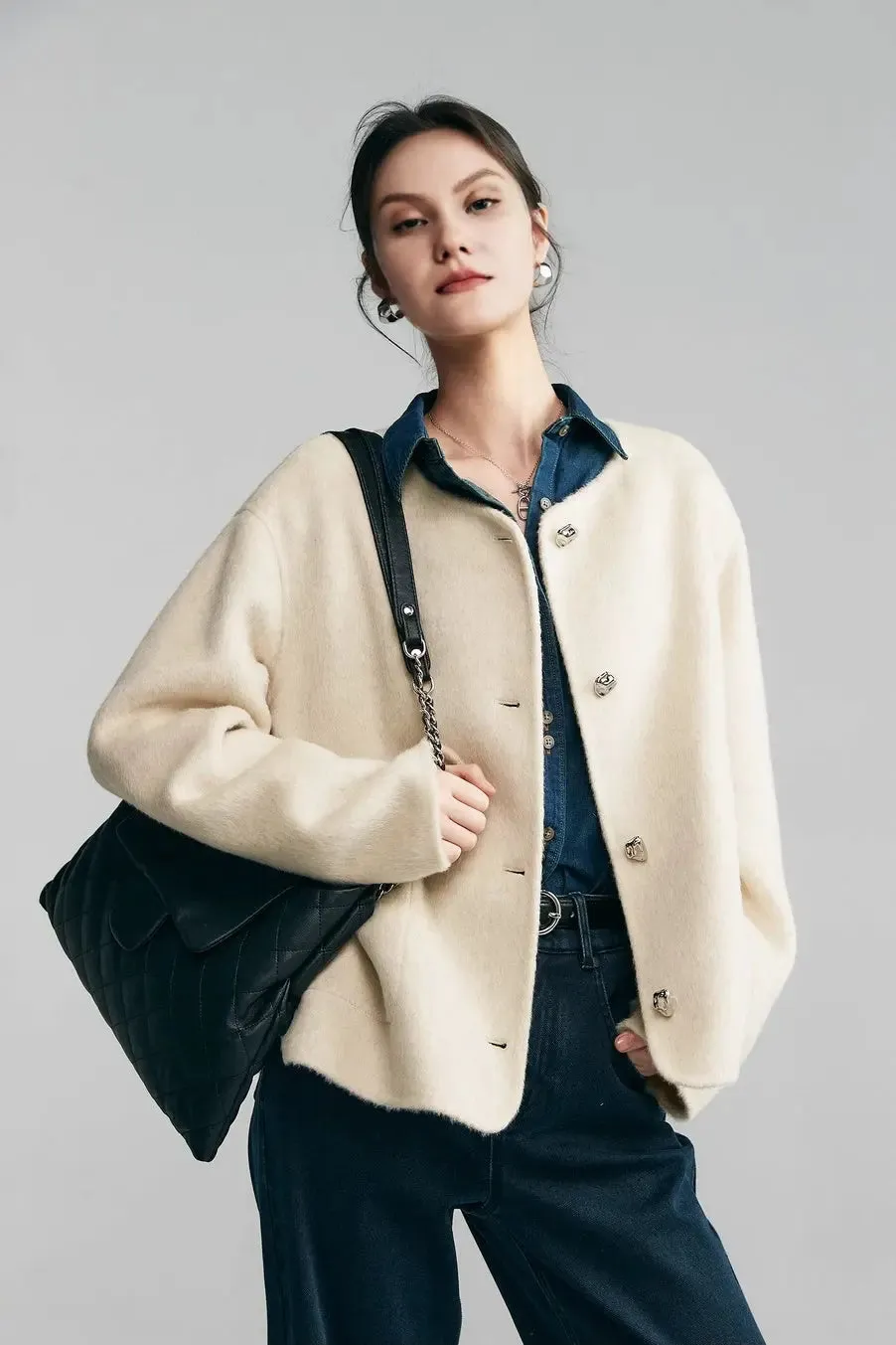 Silk Wool Blend Crewneck Cropped Jacket