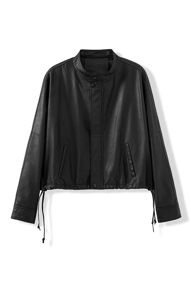 Stand-Collar Cropped Leather Biker Jacket