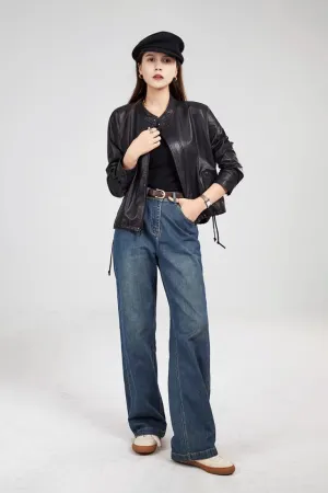 Stand-Collar Cropped Leather Biker Jacket